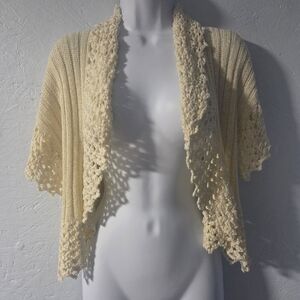 Nygard Collection Cream & Metallic Gold Thread Knit & Crocheted Shrug - S